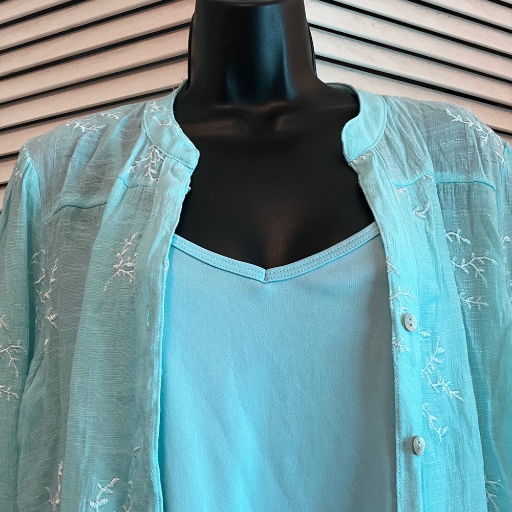 Embroidered Two Piece Aqua Long Sleeve Blouse